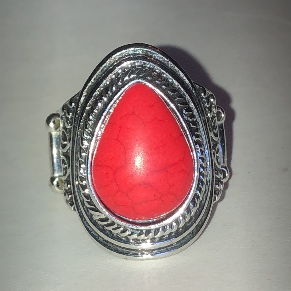Red Teardrop Stone Silver Tone Boho Statement Ring